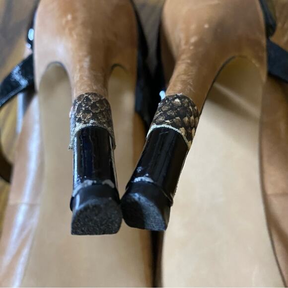 JESSICA SIMPSON Platform Heels Size 9B Brown Leather Black Patent Snakeskin Trim - Picture 5 of 11